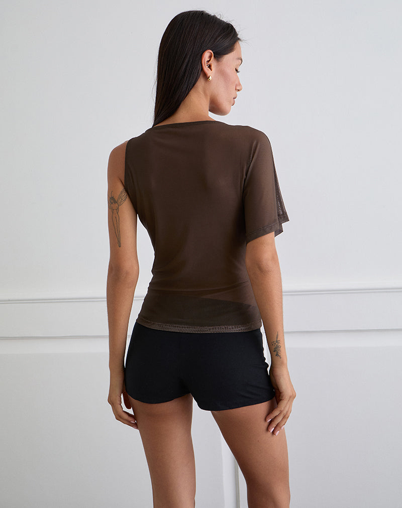 Balsa One Shoulder Top in Brown with Pink Flower Print