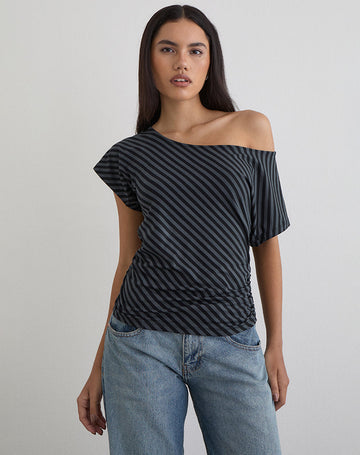 Danama One Shoulder Top in Oblique Stripe Ocean Storm