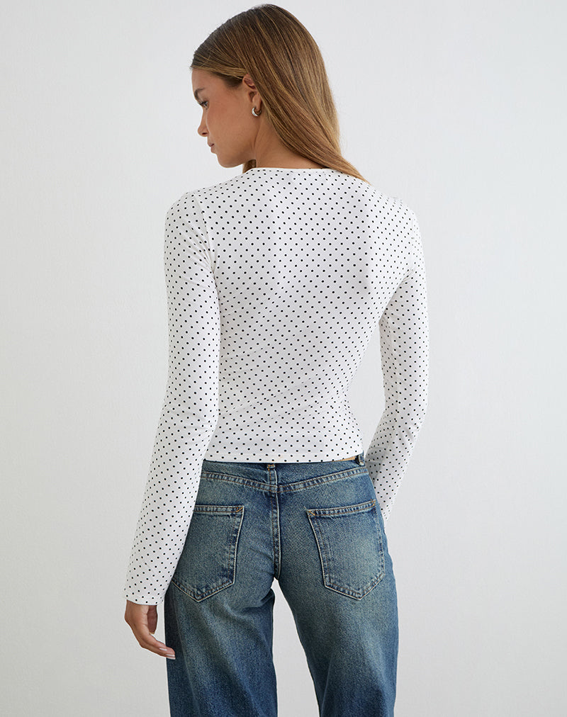 Delano Top in White with Micro Polka Black Print