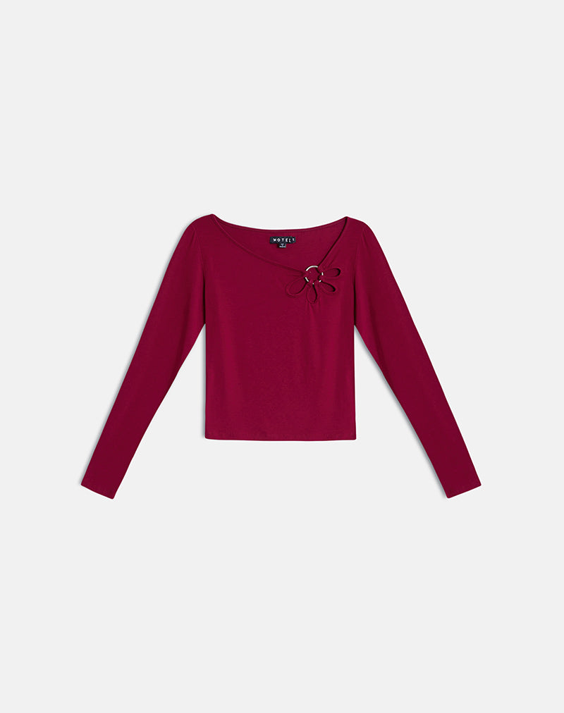 Donela Long Sleeve Top with Flower Ring in Burgundy
