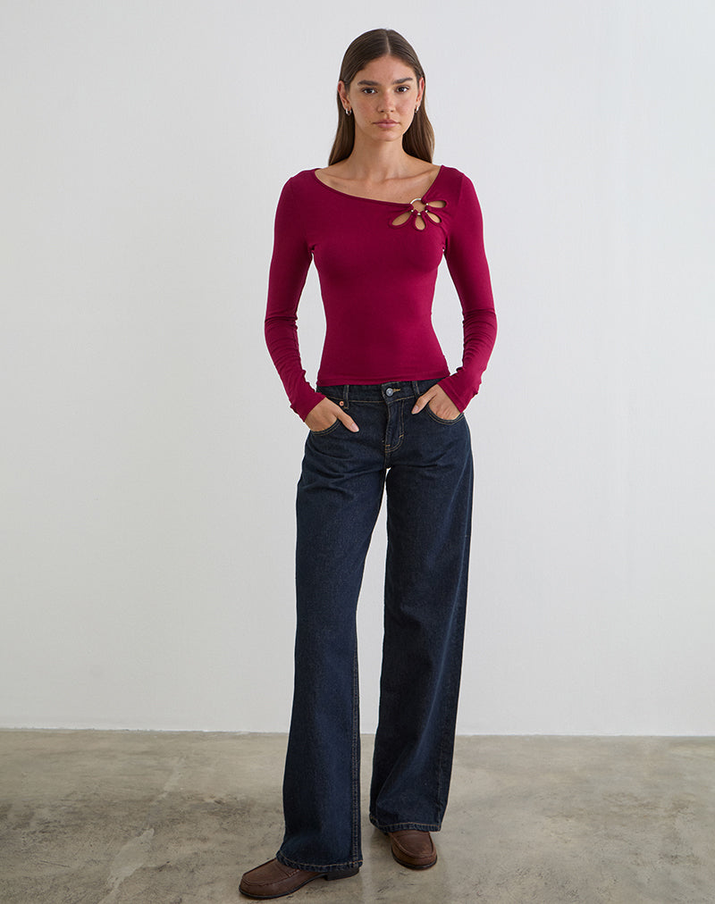Donela Long Sleeve Top with Flower Ring in Burgundy