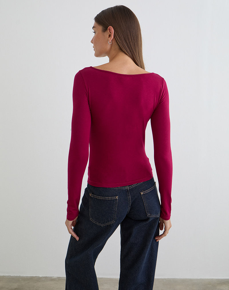 Donela Long Sleeve Top with Flower Ring in Burgundy