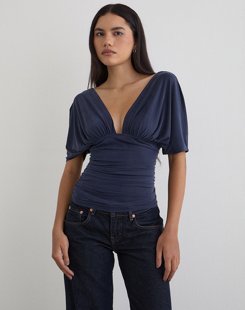 Vernia Plunge Batwing Top in Cupro Navy