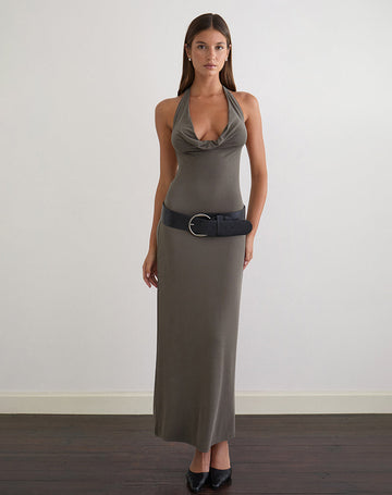 Zarya Maxi Dress in Cupro Grey Khaki