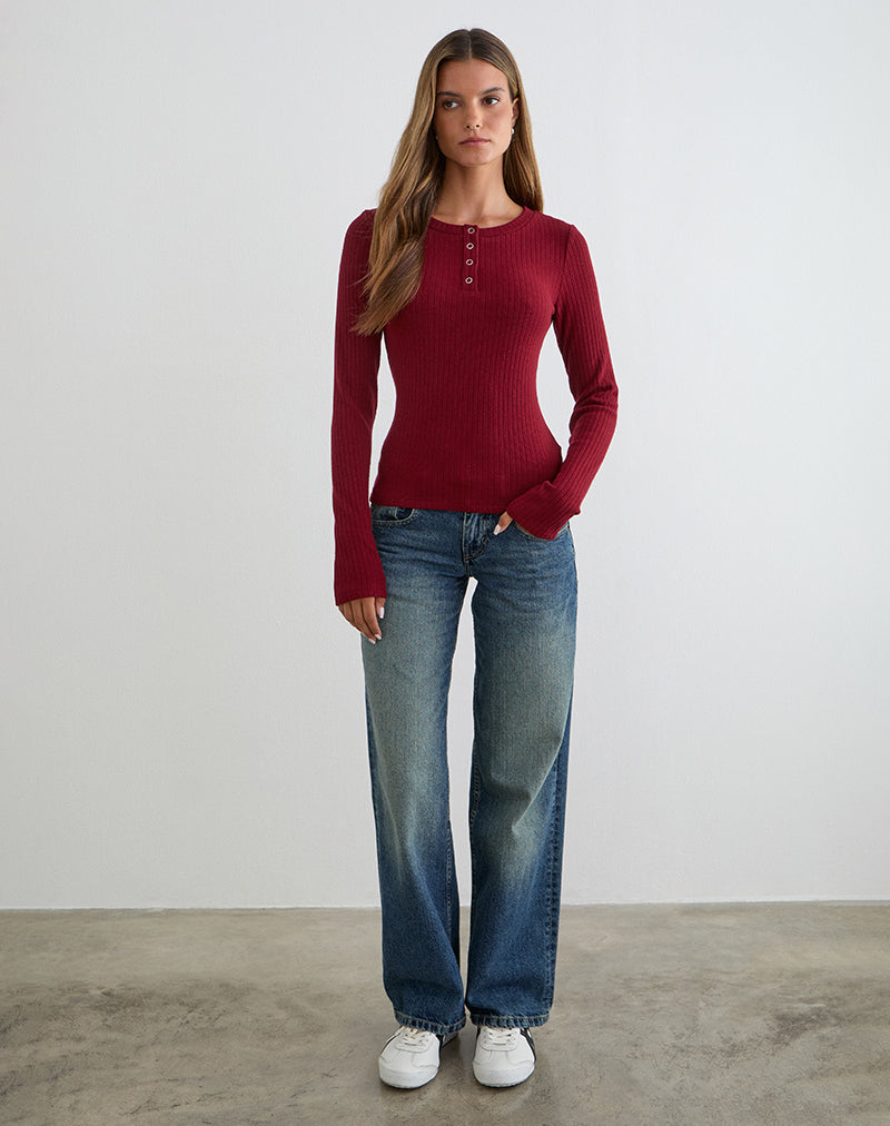 Zinta Long Sleeve Button Up Top in Rib Knit Dark Maroon