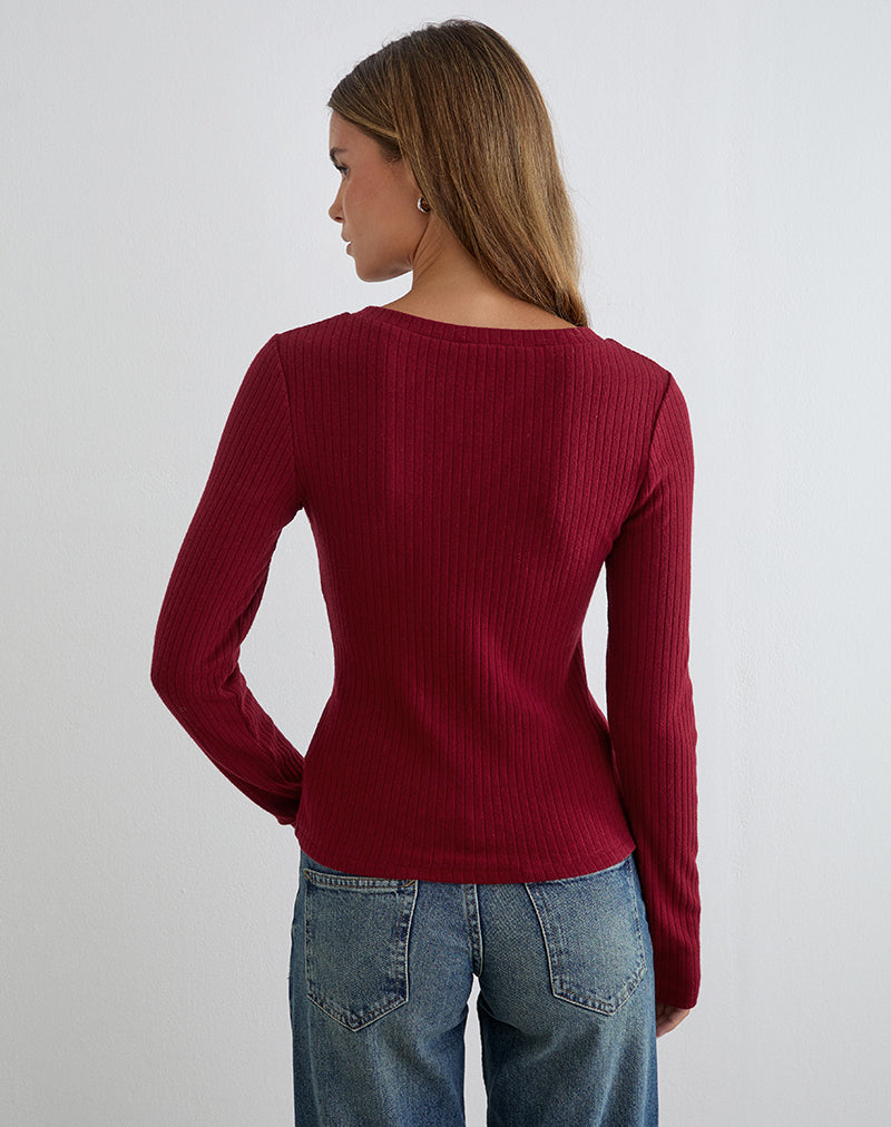 Zinta Long Sleeve Button Up Top in Rib Knit Dark Maroon