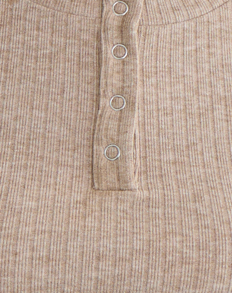 Zinta Long Sleeve Button Up Top in Rib Knit Oat